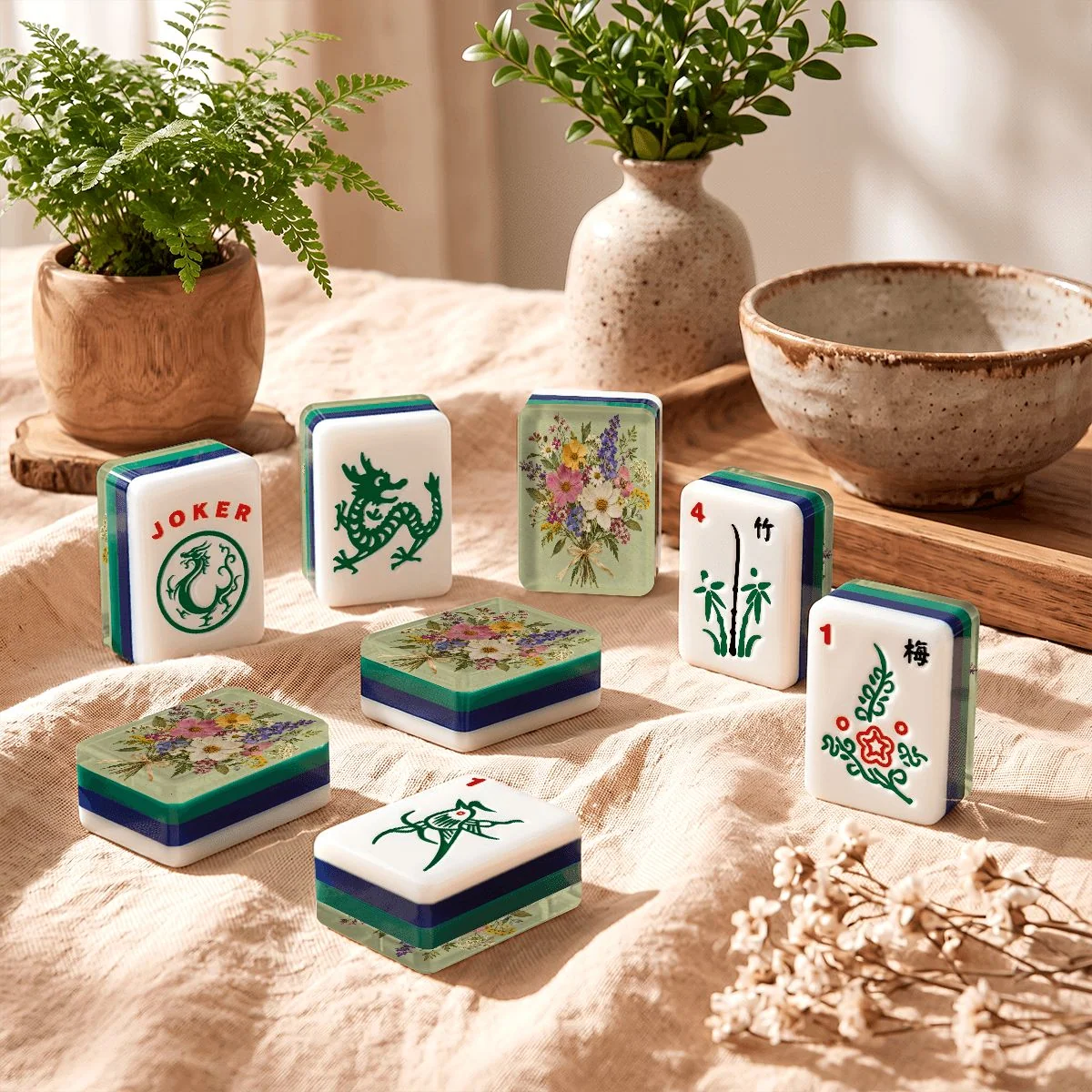 Pressed Wildflower 4 Layer American Mahjong Tiles  Blue  Green (166 Tiles, NMJL Style)