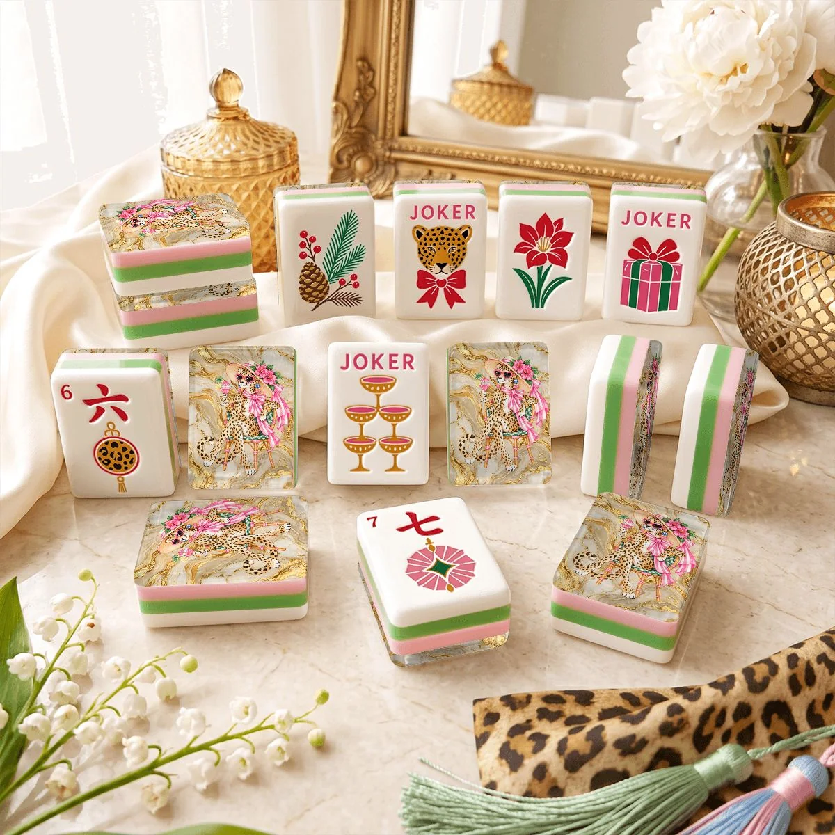 Sipping Leopard 4 Layer Glam Winter American Mahjong Tiles And Carry Case