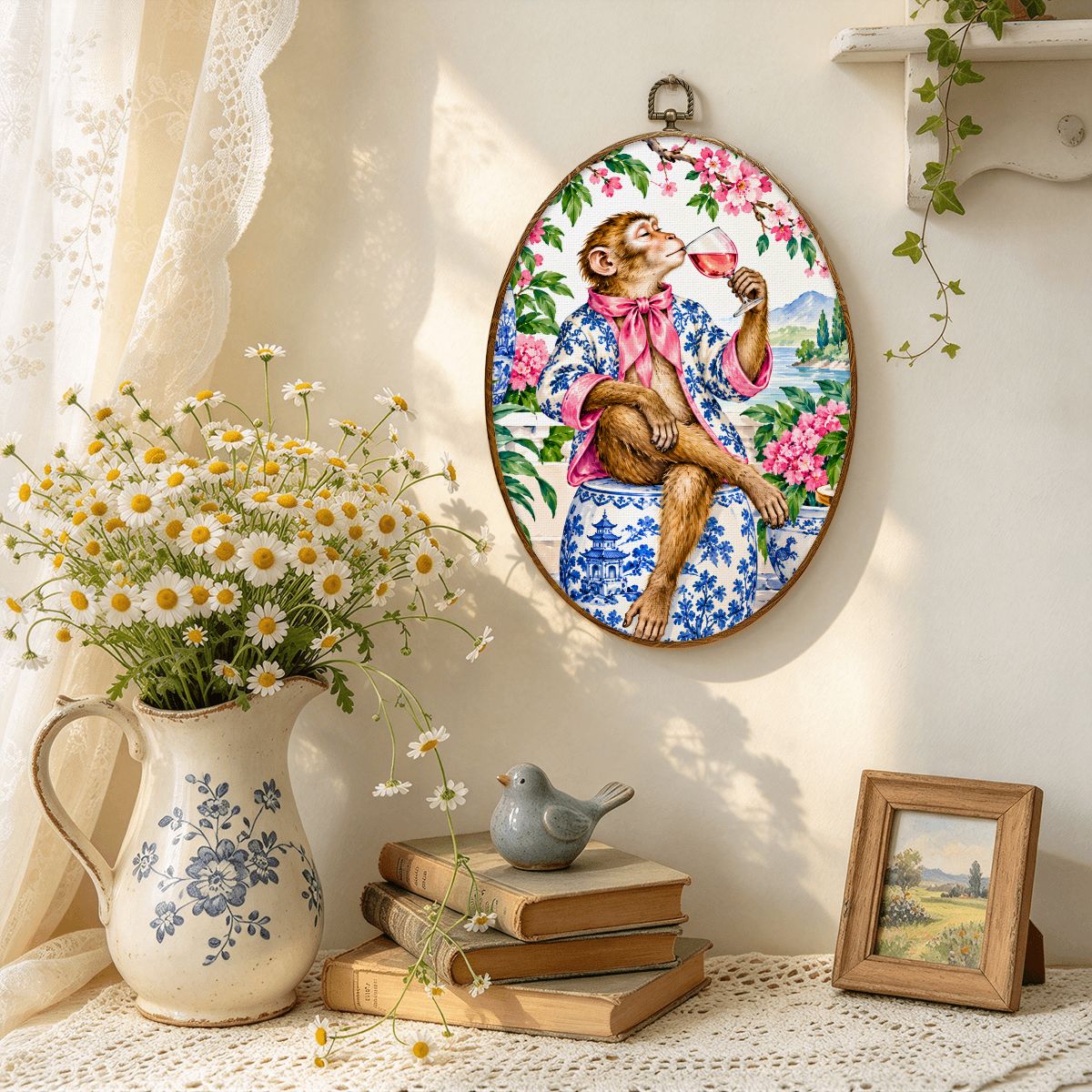 Monkey Garden Party Mahjong Chinoiserie Vintage Oval Wall Art Framed Canvas Print