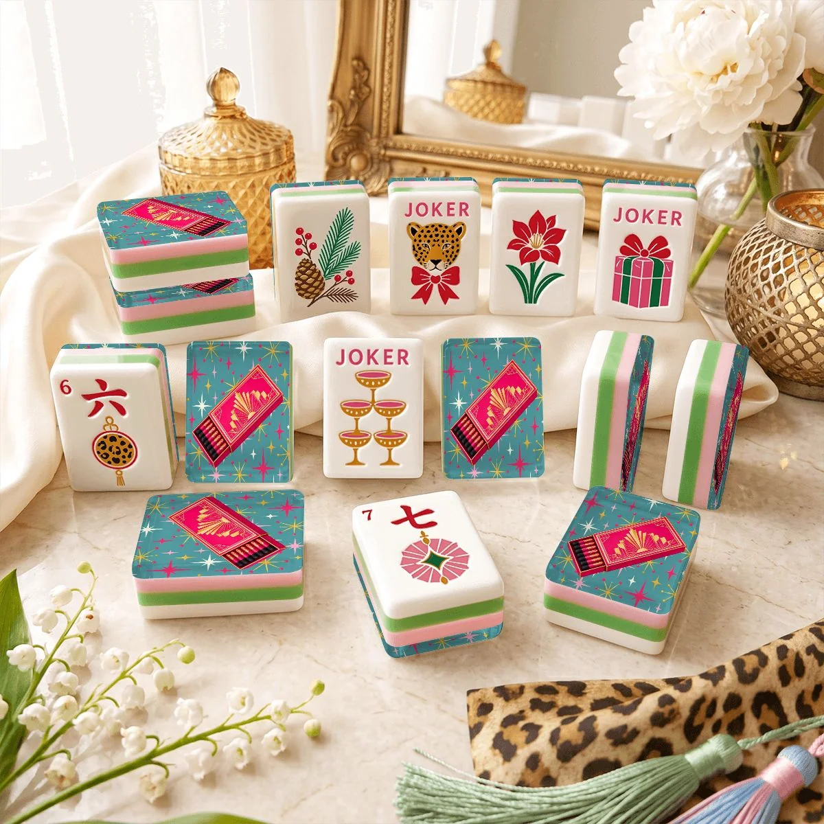 Art Deco Glam, Matchsticks 4Layer Luxe Holiday American Mahjong Tiles With Carry Case