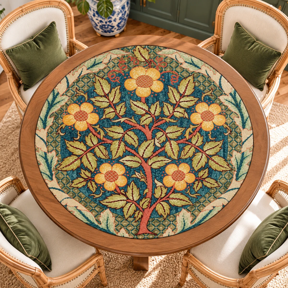 William Morris Inspired Tapestry Tree Round Mahjong Mat