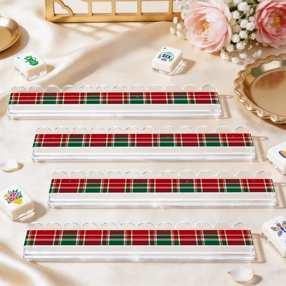 Christmas Plaid Play Extended Mahjong Rack Set of 4 Scalloped Magnetic Tile Pusher