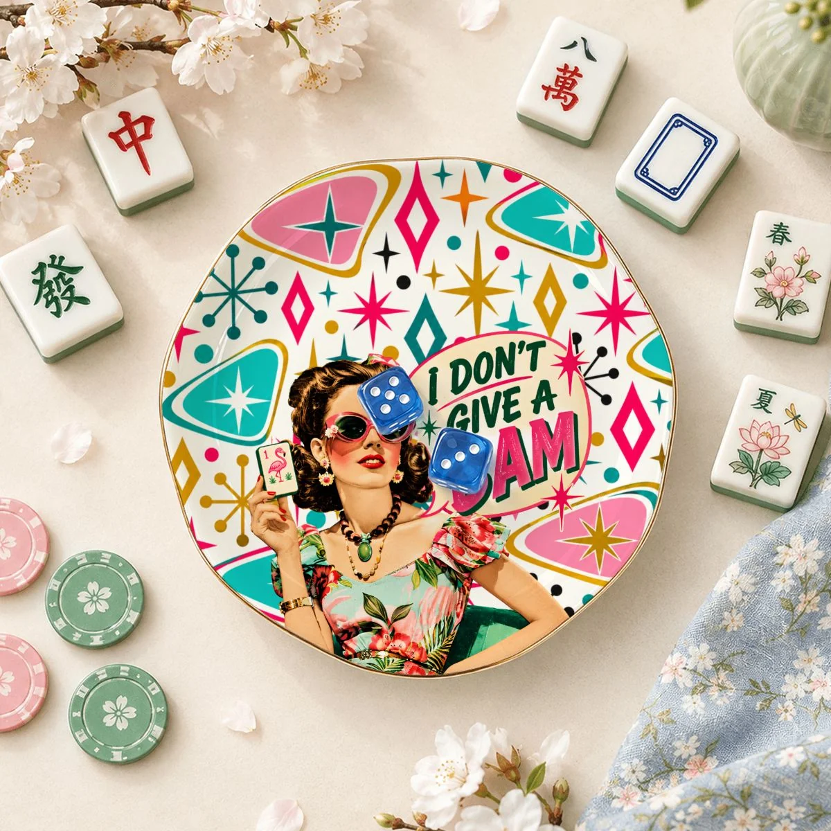 Funny Mahjong, I Don't Give A Bam Round Scalloped Ceramic Mahjong Dice Tray