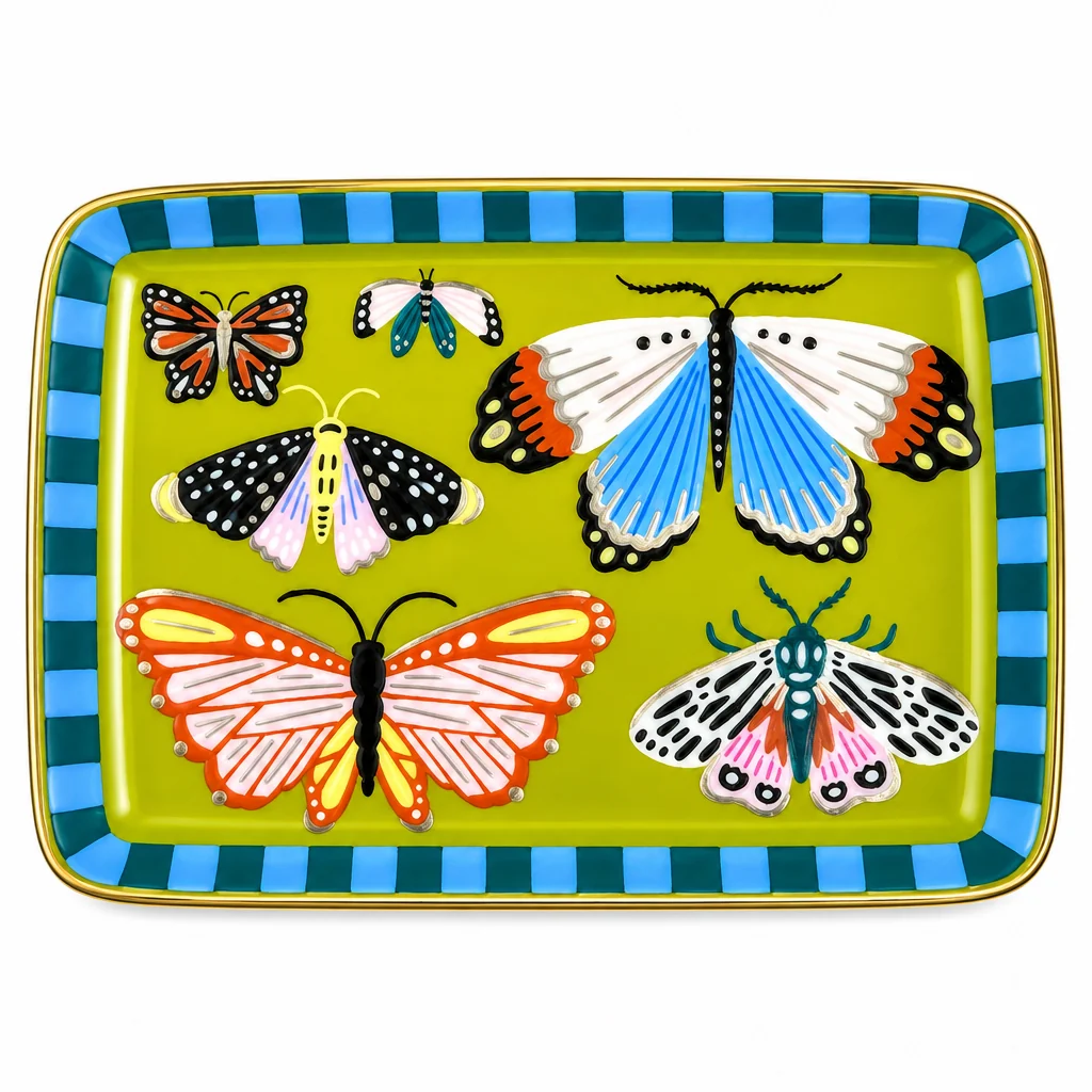 Butterfly Porcelain Mahjong Dice Dish with Gold Rim