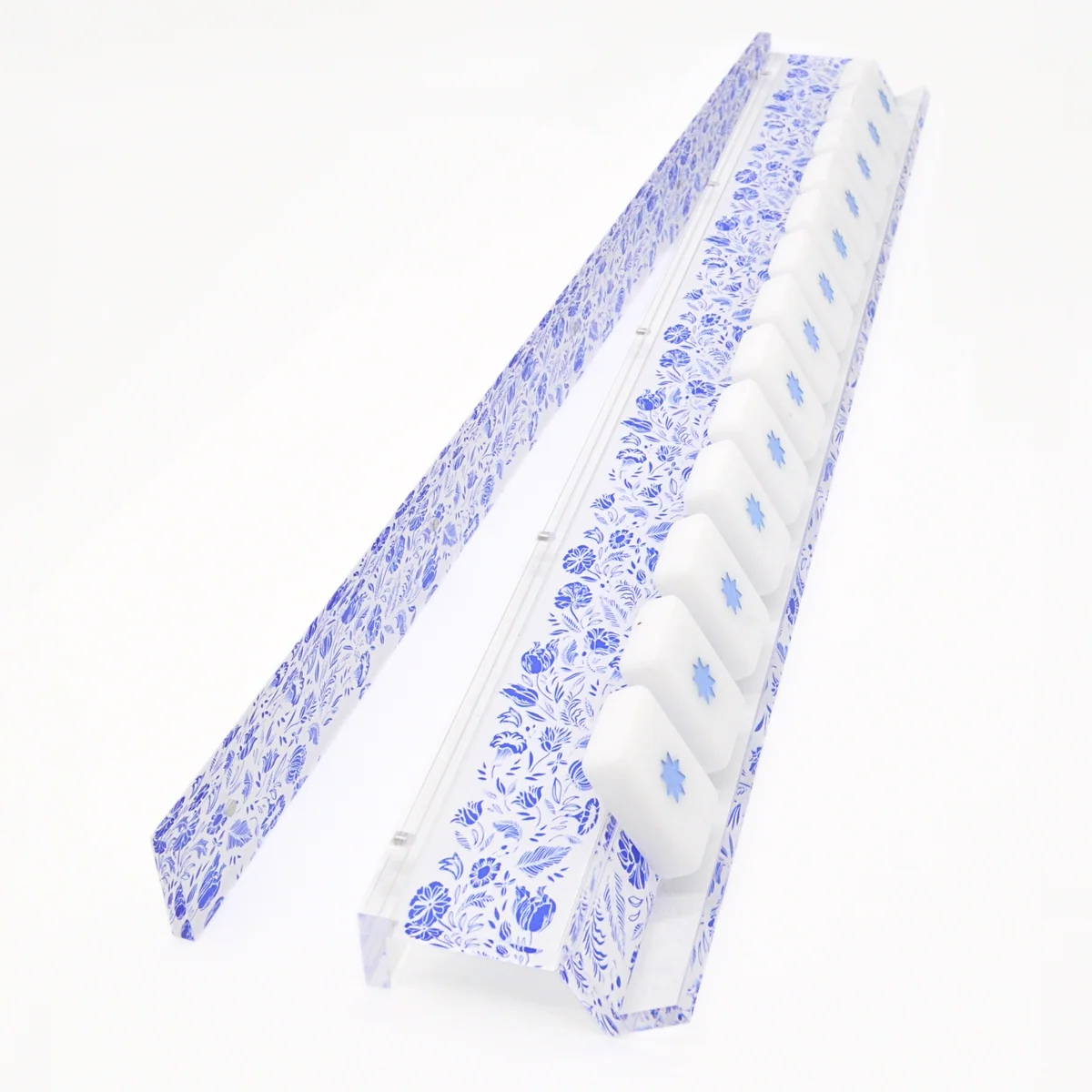 Blue and White Chinoiserie Mahjong Rack and Pusher, Set of 4