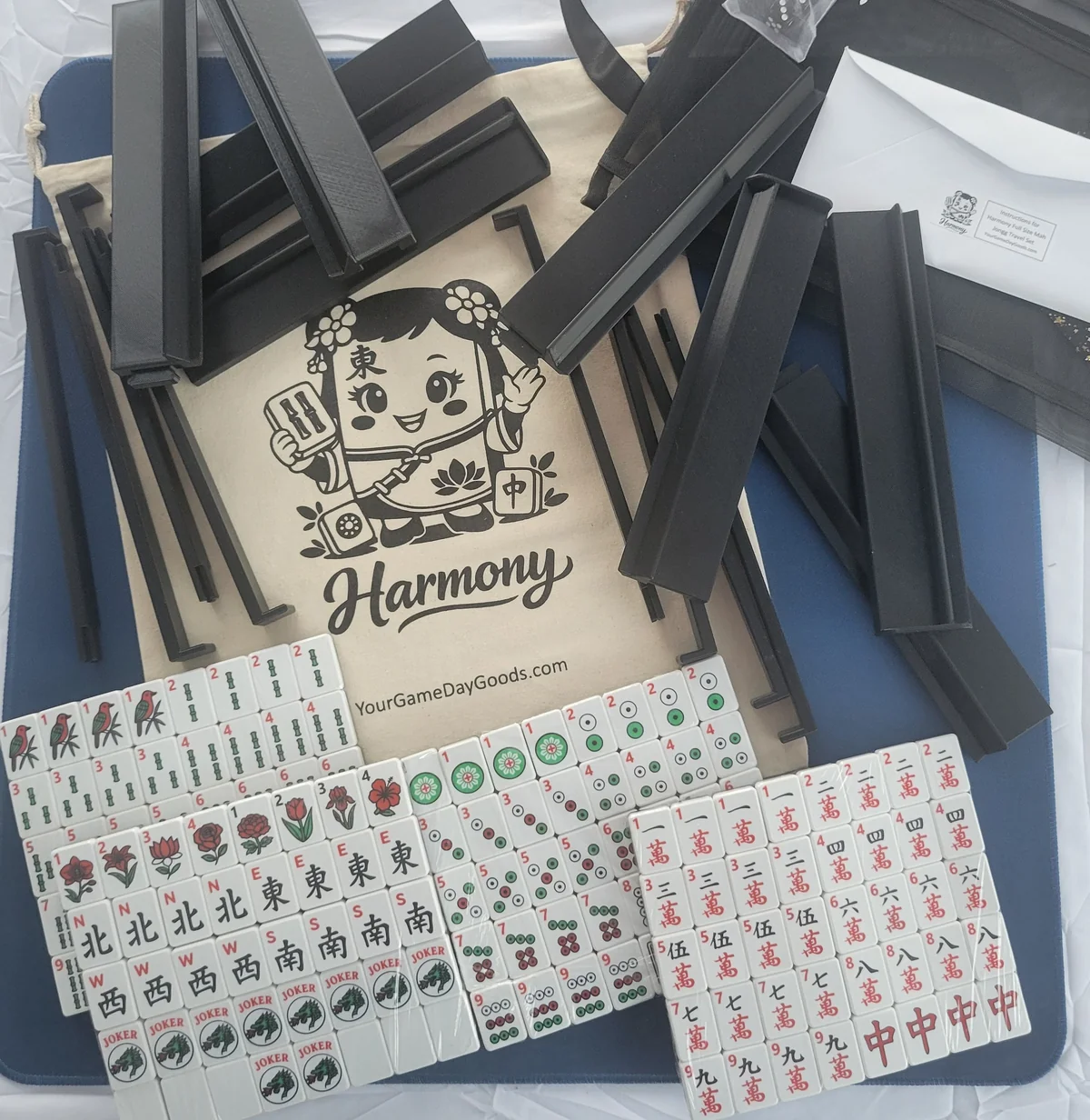 Harmony 3D Printed Full Size Mah Jongg Travel Set - Thin Racks - Black Tiles