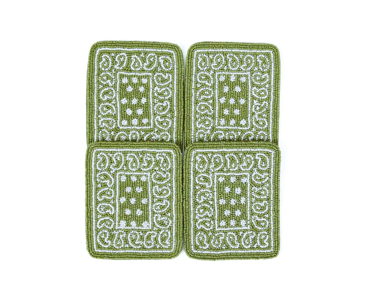 Hand-Beaded Paisley Coaster in Avocado Green