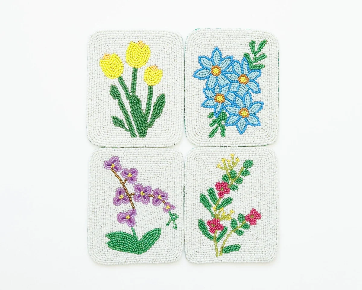 Hand-Beaded Flower Tile Coasters - Mixed Flowers