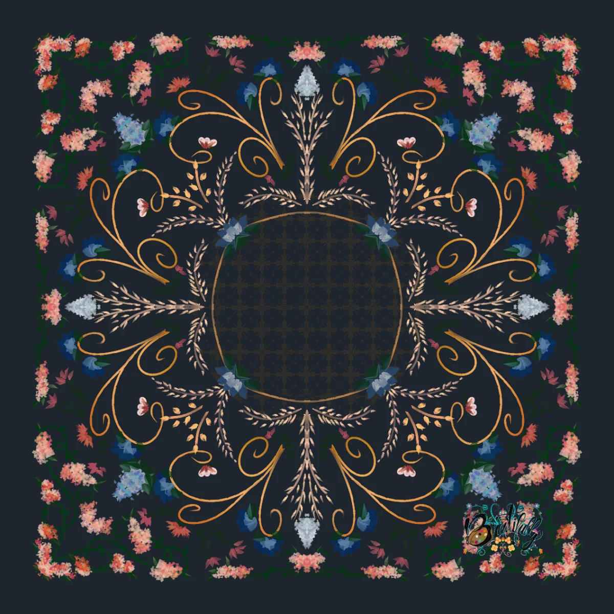 Folk Art Floral On Blue