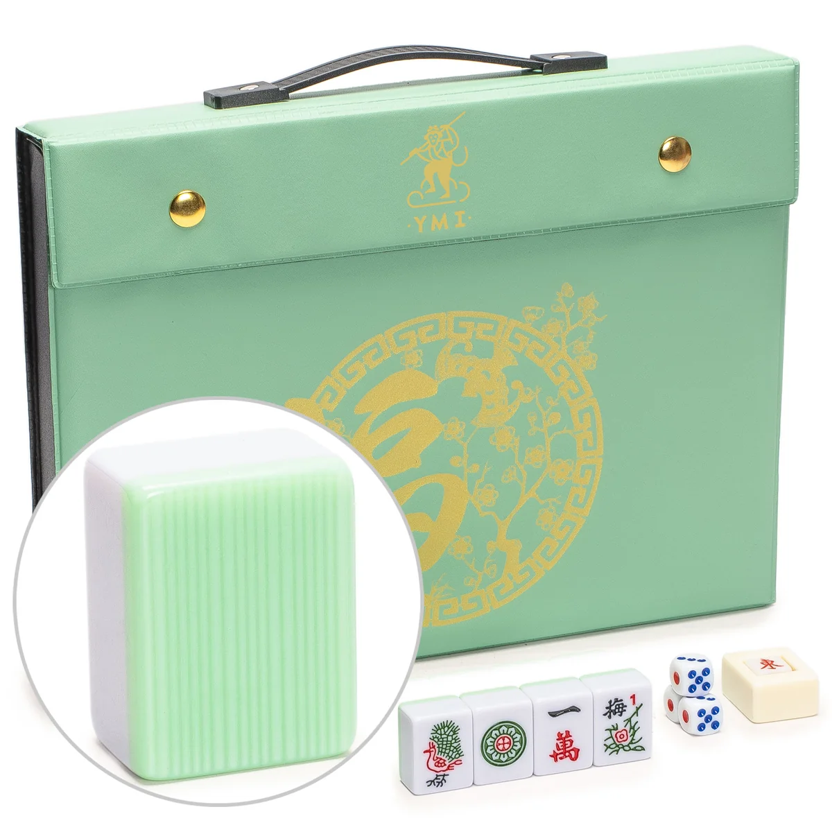 Chinese Mahjong Set, “Celadon Willow” with 146 Medium Tiles, Celadon Green Vinyl Case, Wind Indicator, and Dice - for Chinese Style Gameplay Only