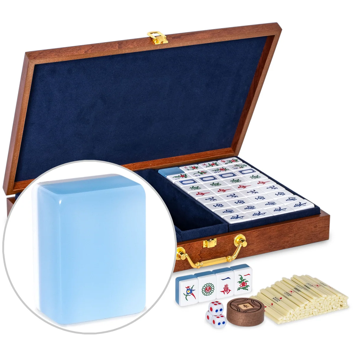 Chinese Mahjong Set, “Glacier Pearl” with 148 Medium Tiles, Wooden Case, Wind Indicator, and Dice - for Chinese Style Gameplay Only