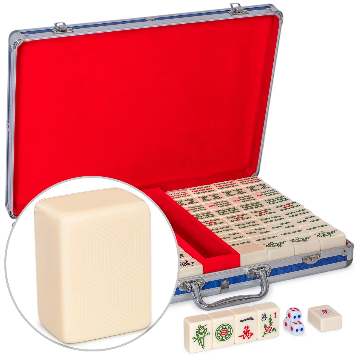 Chinese Mahjong Set, "Ivory Fortune" with 146 Large Tiles, Aluminum Case, Wind Indicator, and Dice, for Chinese Style Gameplay Only