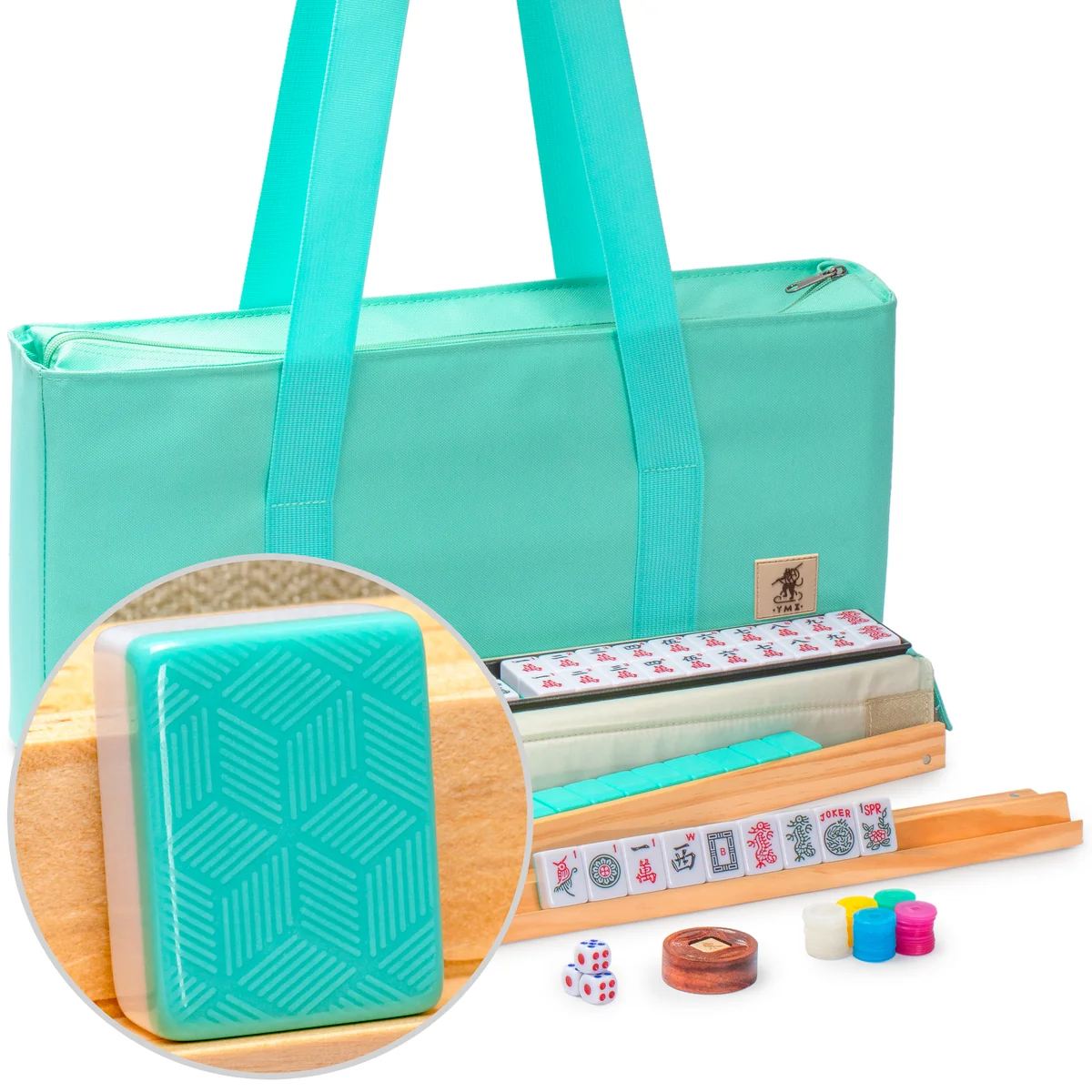 American Mahjong Set, "Pepper" with Pepper Green Soft Case - Racks with Pushers, Scoring Coins, Dice, and Wind Indicator