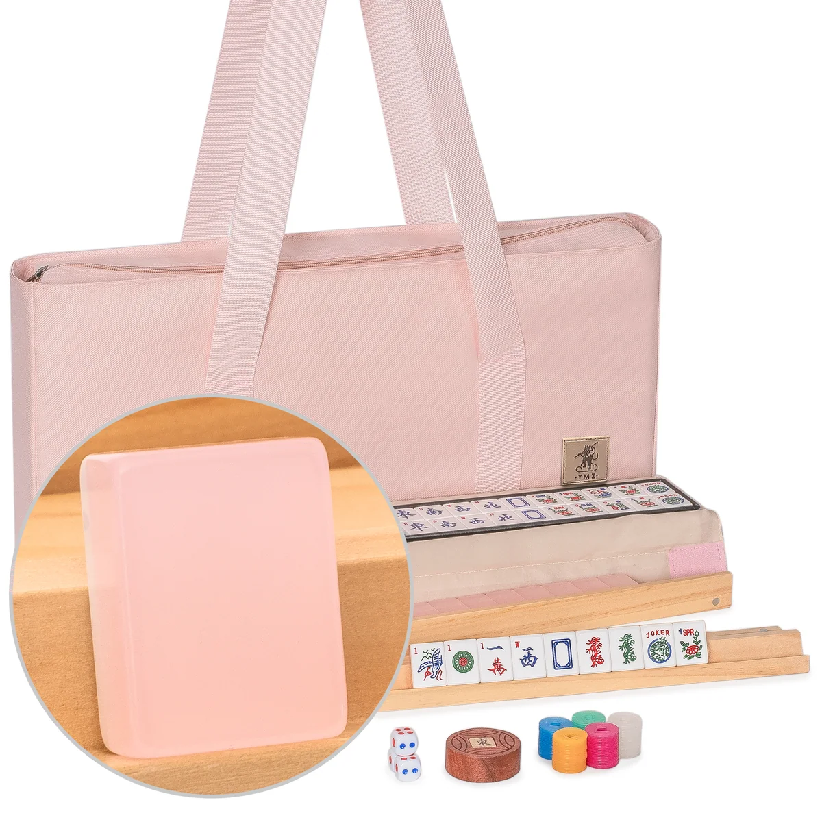 American Mahjong Set, "Peony Blush" with Pink Canvas Tote Bag - 4 All-in-One Racks with Pushers, Wright Patterson Scoring Coins, Dice, & Wind Indicator