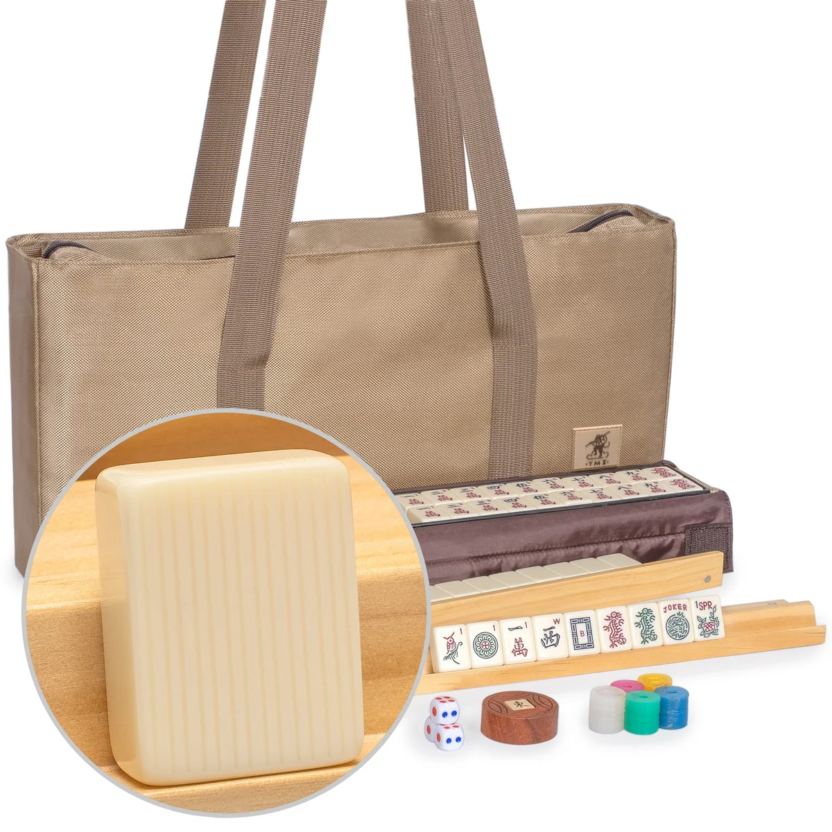 American Mahjong Set, "Ivory Pinstripe" - 166 Medium Tiles with Beige Soft Case, Wooden Racks with Pushers, Scoring Coins, Dice, and Wind Indicator