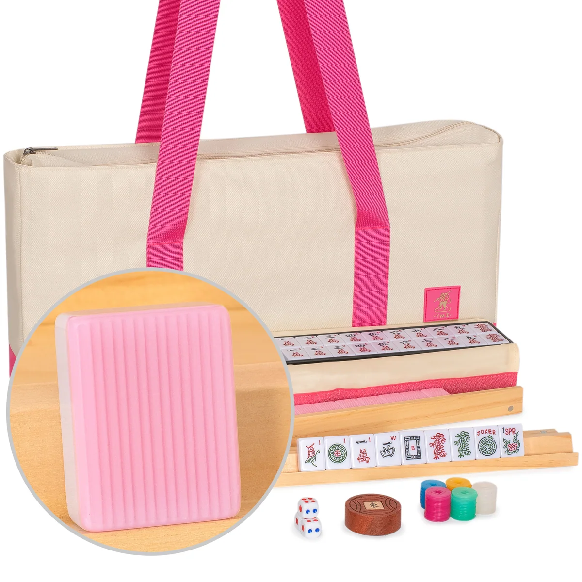American Mahjong Set, "Sakura Pink" - 166 Medium Tiles with Pink and Cream Soft Case, Wooden Racks with Pushers, Scoring Coins, Dice, & Wind Indicator
