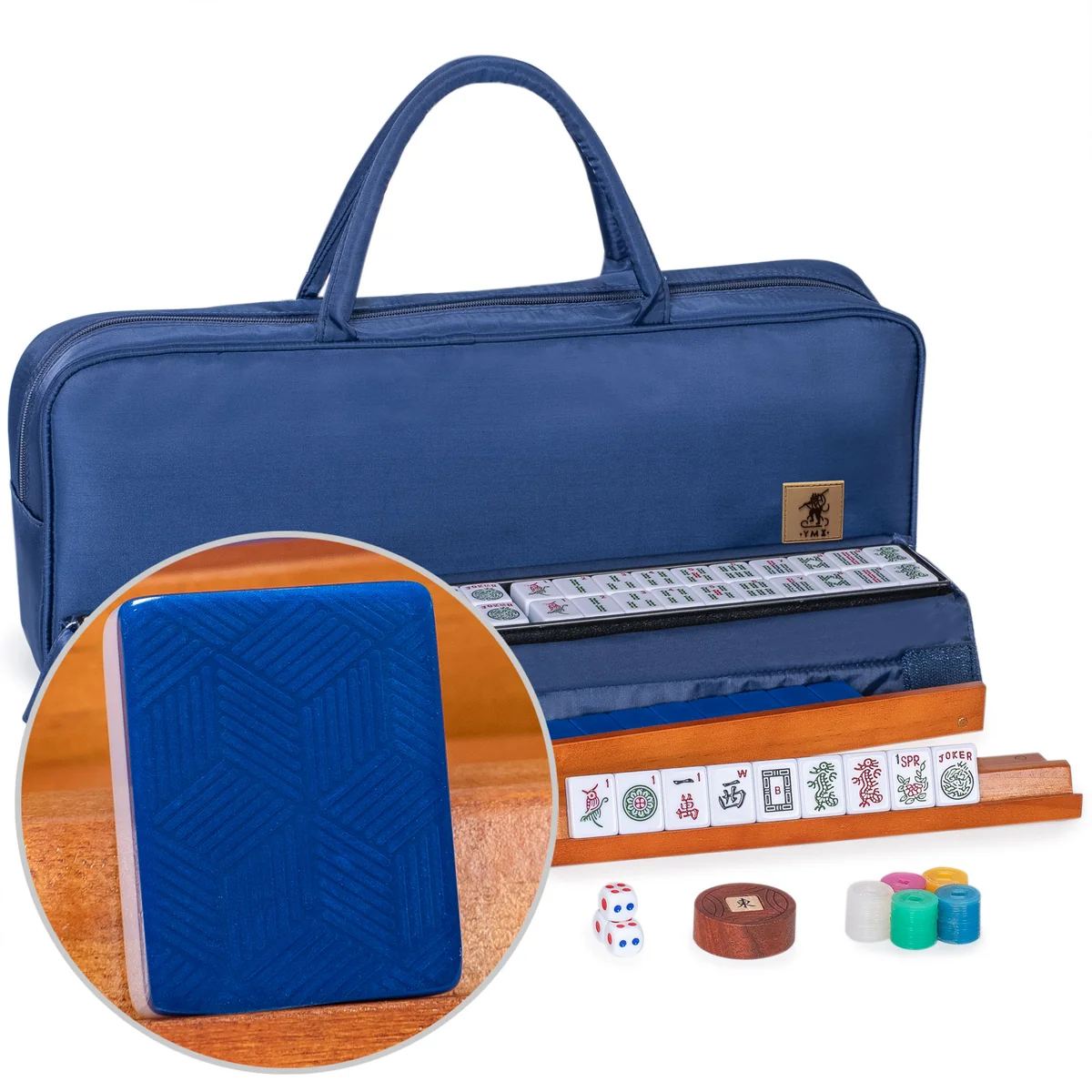 American Mahjong Set, "Indigo Bay" - 166 Tiles with Blue Fabric Case, Wooden Racks with Pushers, Scoring Coins, Dice, & Wind Indicator